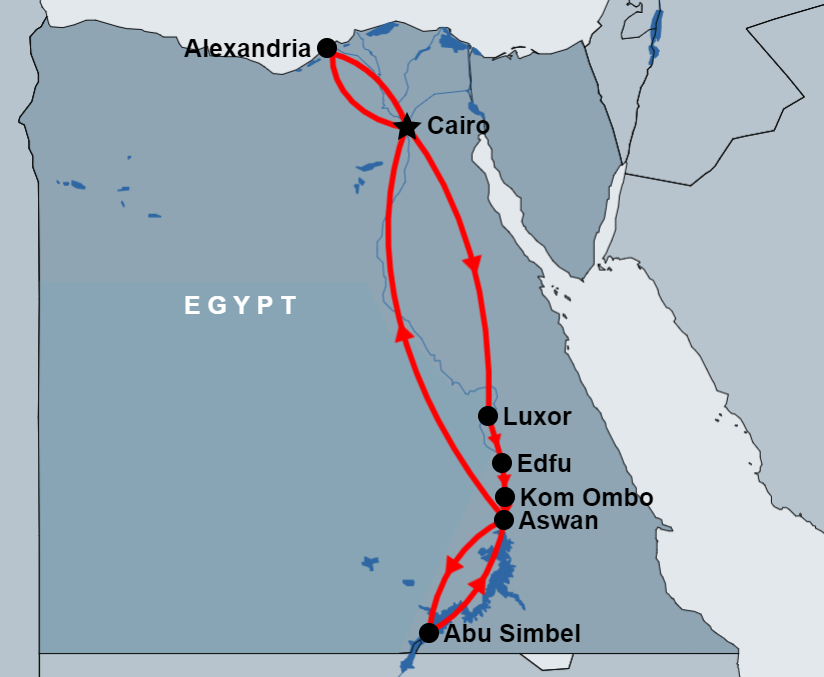7 Day Cairo, Alexandria, Luxor, Edfu, Kom Ombo, Aswan and Abu Simbel map 7 Day Cairo, Alexandria, Luxor, Edfu, Kom Ombo, Aswan and Abu Simbel map